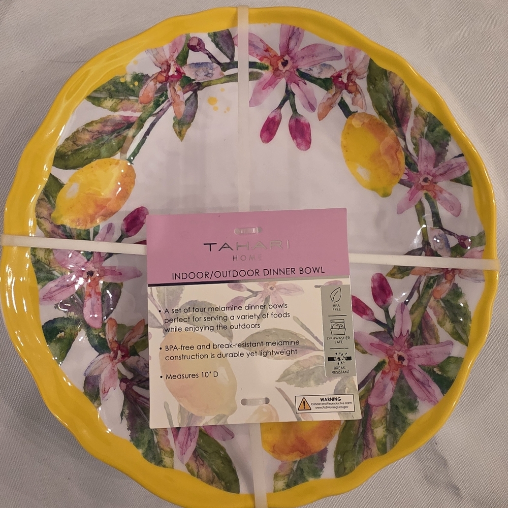 Tahari Home Lemon Floral Shallow 10" Scalloped Melamine Bowl Set of 4 New